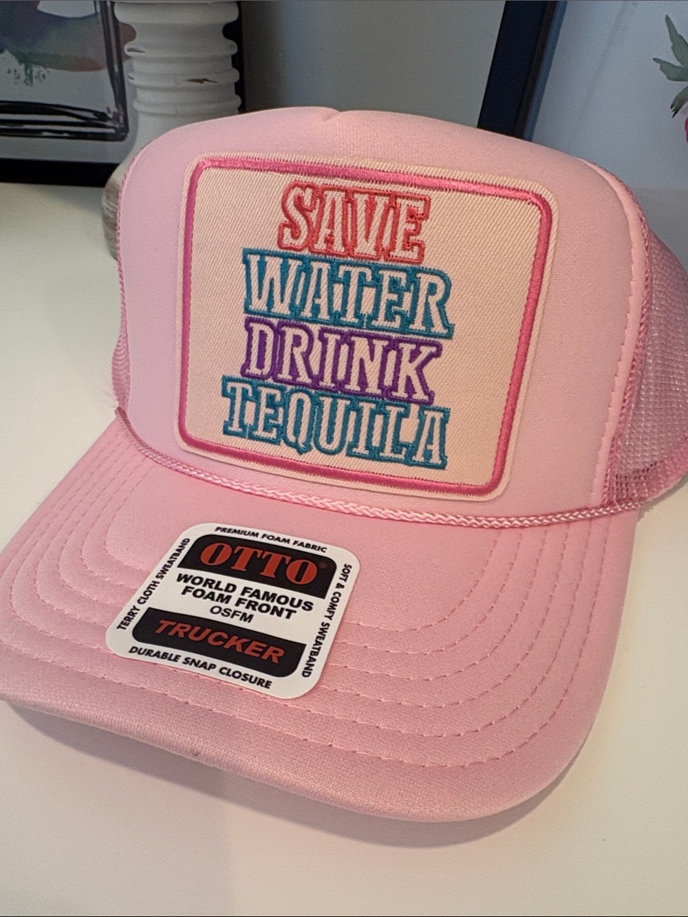 OTTO Pink Trucker Hat with Multicolor 'Save Water Drink Tequila' Patch